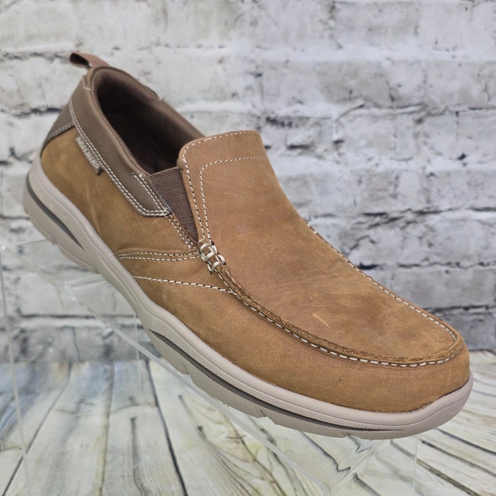 Skechers‎ Relaxed Fit Loafers Mens 8 Brown Leather Memory Foam Slip On Dad Shoes